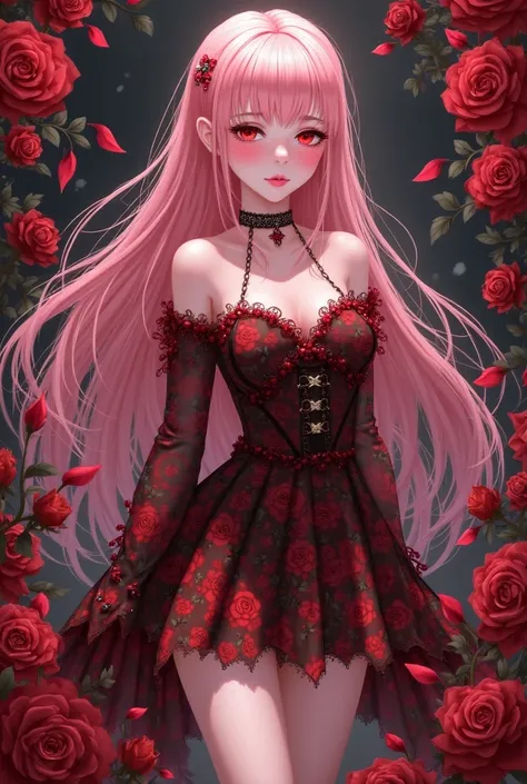 A digital anime-style drawing of a fair-skinned chick with long, flowing pink hair, rocking a red and black floral dress. She's surrounded by red roses and dark, moody vibes, sporting a delicate choker. Her eyes are a striking red, and she's got a slender,...