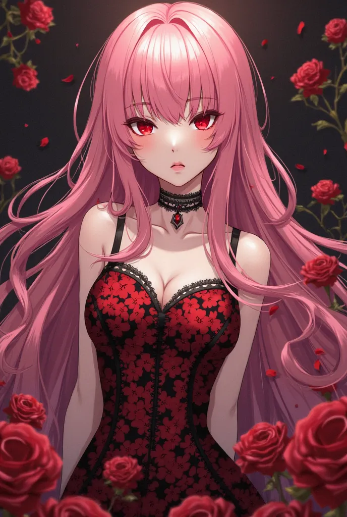 A digital anime-style drawing of a fair-skinned chick with long, flowing pink hair, rocking a red and black floral dress. She's surrounded by red roses and dark, moody vibes, sporting a delicate choker. Her eyes are a striking red, and she's got a slender,...