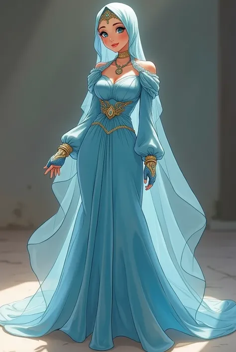 A stunning anime princess with a perfect figure with huge breast and hot body is dressed in a Princess Jasmine-inspired blue gown. She wears a fitted Arabic-style hijab, adorned with a princess golden necklace. Completing her elegant look, she pairs the ou...