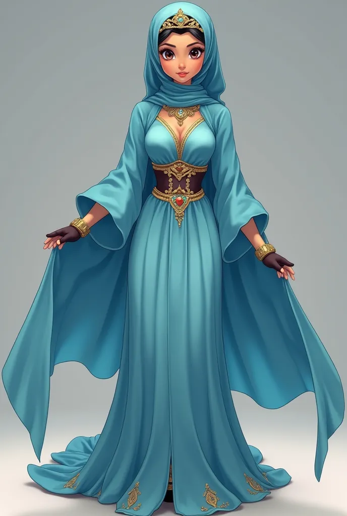 A stunning anime princess with a perfect figure with huge breast and hot body is dressed in a Princess Jasmine-inspired blue gown. She wears a fitted Arabic-style hijab, adorned with a princess golden necklace. Completing her elegant look, she pairs the ou...