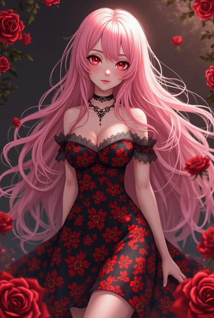 A digital anime-style drawing of a fair-skinned chick with long, flowing pink hair, rocking a red and black floral dress. She's surrounded by red roses and dark, moody vibes, sporting a delicate choker. Her eyes are a striking red, and she's got a slender,...