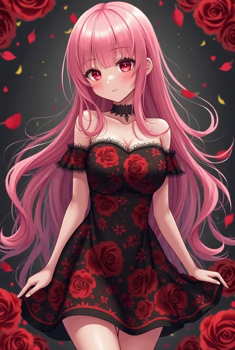 A digital anime-style drawing of a fair-skinned chick with long, flowing pink hair, rocking a red and black floral dress. She's surrounded by red roses and dark, moody vibes, sporting a delicate choker. Her eyes are a striking red, and she's got a slender,...