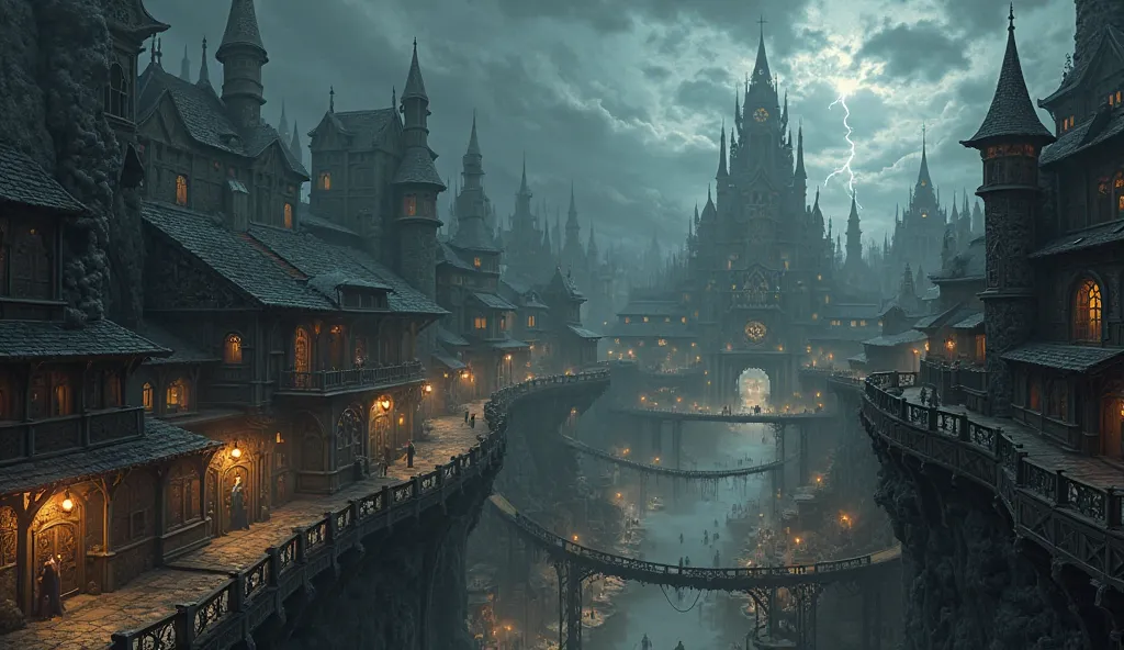 From an elevated vantage point, the dark fantasy city sprawls like a living organism, its intricate layout a testament to both beauty and dread. The streets twist and turn in a chaotic pattern, lined with towering buildings of dark stone and aged timber, t...