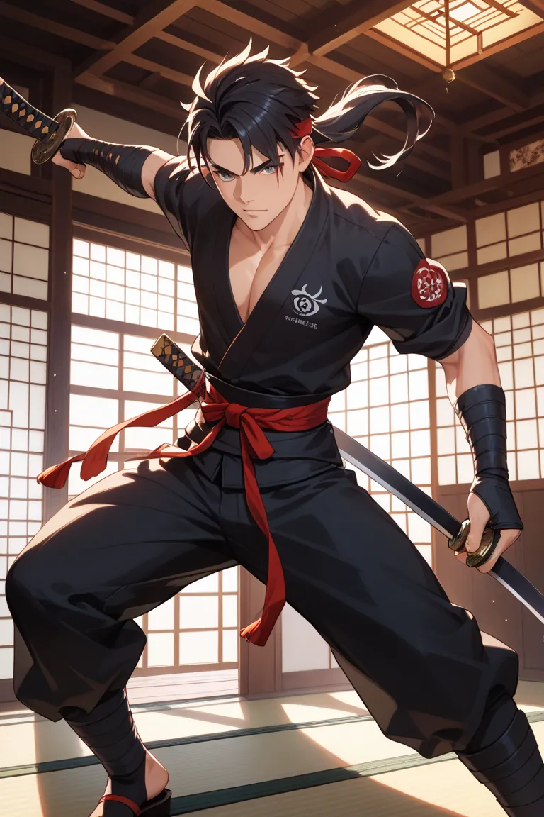 a male ninja holding a katana with a black blade