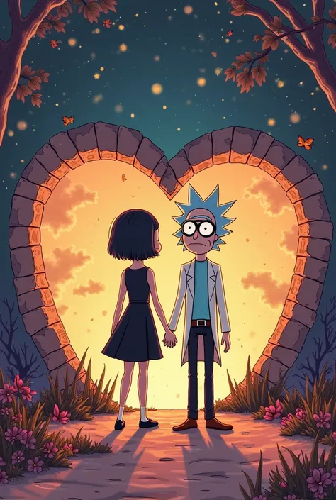 Rick and Morty type illustration of bride and groom leaving a heart-shaped portal, Girl with short black hair black clothes, boyfriend with magnifying glasses colorful clothes not very long hair divided in two 