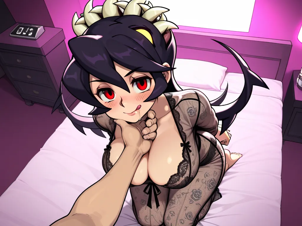 ( Masterpiece),  top quality,  expressive eyes,  Perfect Face, 1 girl,Filia, Skullgirls , big breasts, wide hips,  thin waist, (  Sexy girl),black lace see through pajamas,With ribbon , salon, blanking, seductive smile, licking lips, slightly drooling, blu...