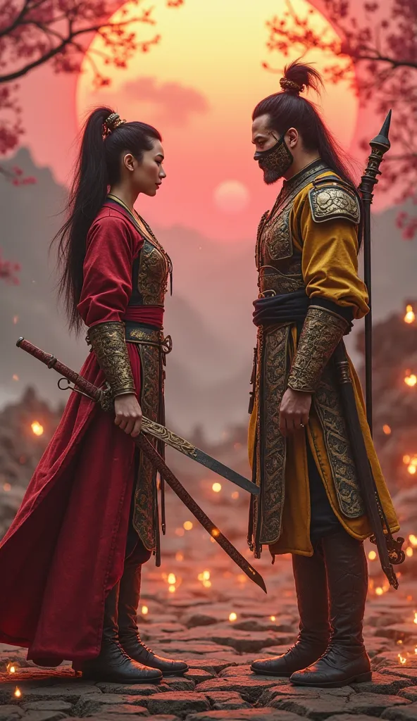 Scene Description:
Mulan and Scorpion stand facing each other in a dramatic showdown, their intense gazes locked onto the camera. The setting is a breathtaking, ancient battlefield with a blurry, atmospheric background of misty mountains, cherry blossom tr...