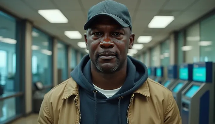 A detailed and realistic image of Michael Jordan, standing in a modern bank. He is wearing a dark baseball cap, a beige bomber jacket over a navy hoodie and a white undershirt. His facial expression is serious, slightly tense, mixed with anxiety and frustr...