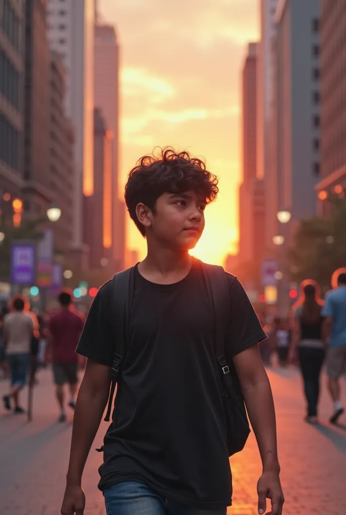 A 15-year-old boy with dark hair and a casual black t-shirt, walking through a bustling city street at sunset. The boy is carrying a backpack, looking around with curiosity. The background is filled with tall skyscrapers, people walking, and the sky painte...