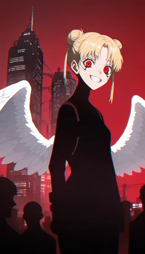 8k wallpapers, best quality, 1girl, emotional, bun head, bangs, sidetails, blonde, eye mascara, horror eyes , look at viewer, (grin:1.4), uniform, cardigan, skirt, white socks, angel wings, (shadow of angel with lots of eyes:1.4), from front, (close up:1.4...