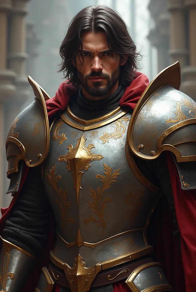 A strong, shoulder-length hair, short beard. Holy Knight wearing paladin armor with a highly revealing design。BDE  。Larger chest muscles and strong abs。Serious。