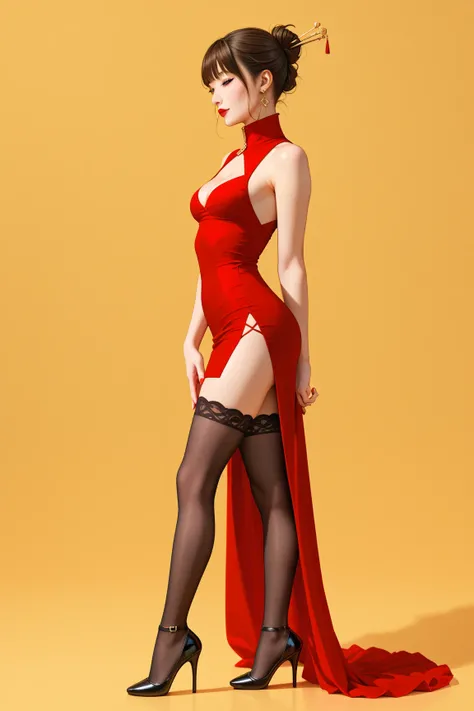 sexy asian woman, single hair bun, pale skin, hair sticks, skinny, (side view:1.3), full body shot, small breasts, slim body, red lips, dark brown hair, bangs, (short dress with leg cutout:1.4), (red silk dress with high collar:1.3), (cleavage:1.2), (black...