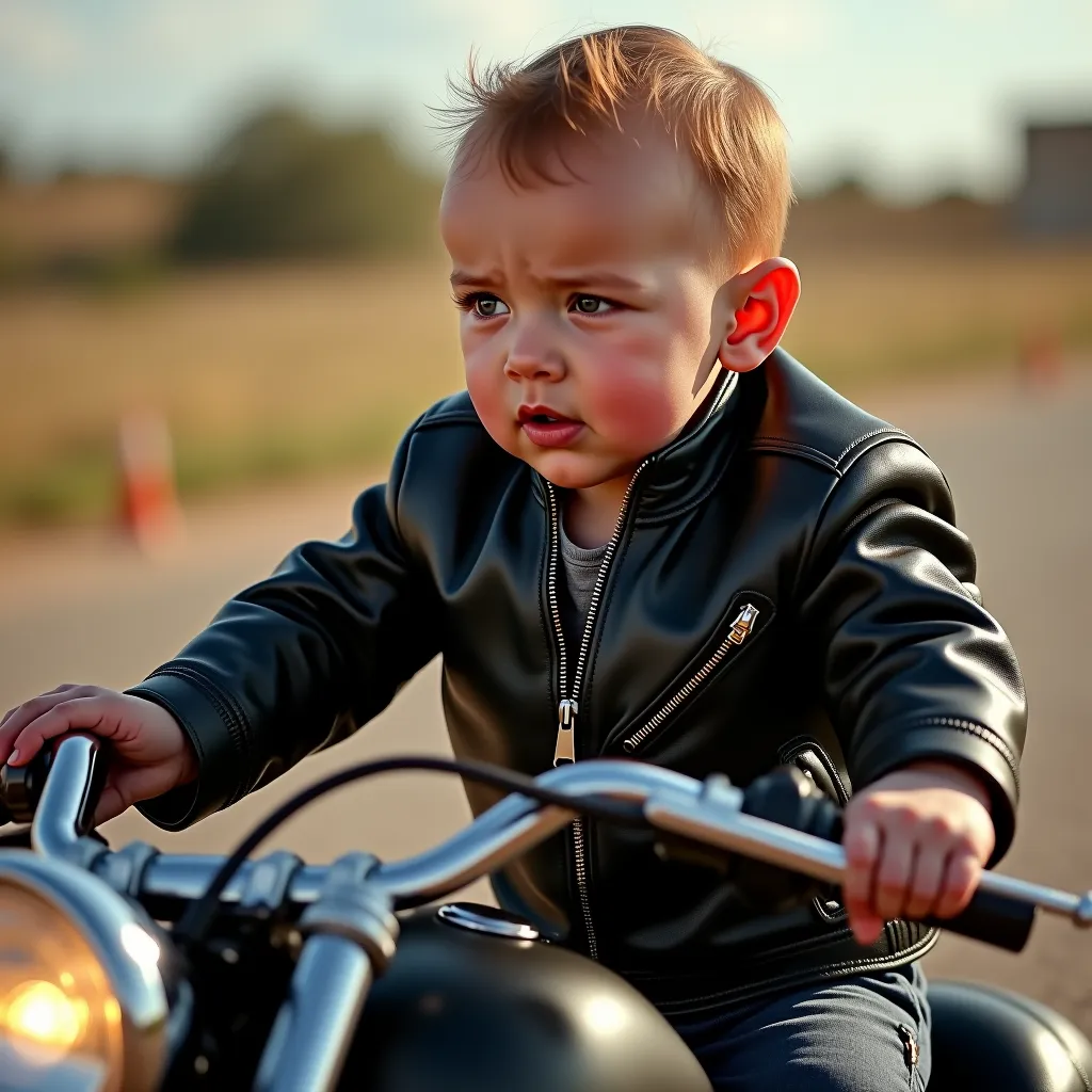 The baby looks like Arnold Schwarzenegger as the Terminator, on a motorcycle,  in a leather jacket 