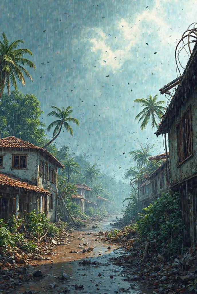 Mayotte, devastated by cyclone Chido, with heavy rains, strong winds, violent, houses that are destroyed and debris that flies away in a cartoon. 