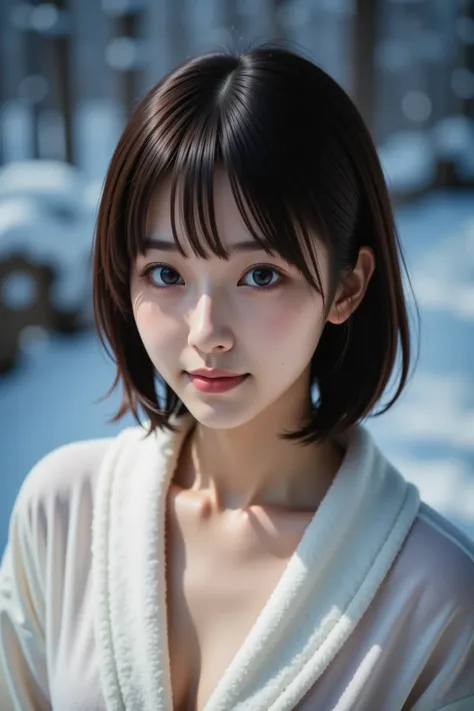 ( bathrobe  : 1.2)、cute,(Position the face so that it is at the center of the image  : 1.4), ( focus face to purse false lips : 1.3), (Delicate real hair    ,   Realistic black hair), bangs, smile, ( bathroom and shower room background ), (    18 year old ...