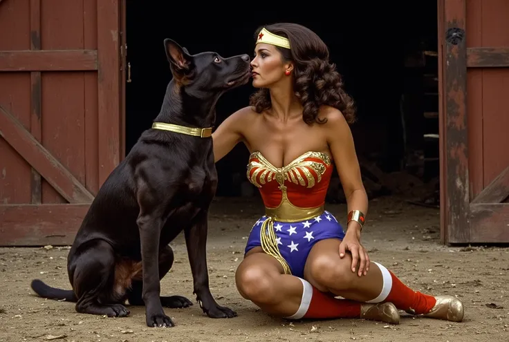  Lynda Crater Wonder woman sit on floor in front of a black dog. Her hands held black dog head, her leg grab black dog, black dog kissing wonder woman. Backround farm barn in dim lighting. High resolution, front view.