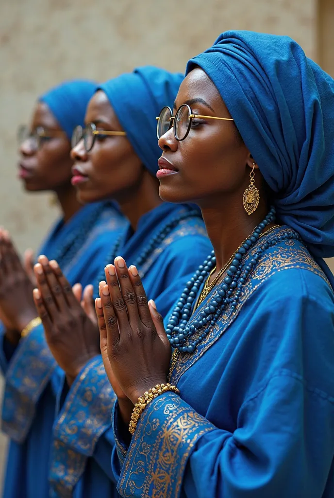 femme africaines qui porte des luenette de vue entrain de priere le chapelet habiller en bleu