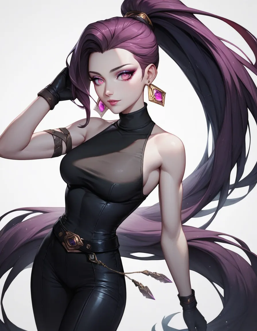 female black sleeveless turtleneck, black long tight pants, black belt, bare shoulders, racerback, bare toned arms, beautiful faces, black ponytail with showing forehead, long ponytail, earrings, soft smooth skin, pale skin, white background, magenta eyes,...