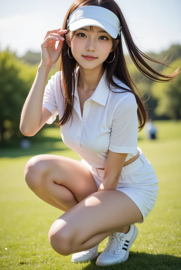 Jang Gyuri, A full-body shot one woman, dynamic angle, golf course, golf t-shirts , white golf mini skirts, light tracing, getting white sun visor, in the foreground, (floating hair:1.1), hot sun, white cap, professional model, (hyper-realistic:1.4), offic...