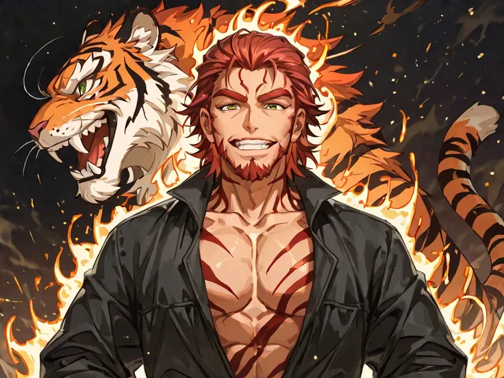 1boy, mature male, Beastman Tiger, 27 years old, tall, athletic Build, member of an Criminal organization. Green eyes, black and red hair in the color of a tiger, stripes on his body, bright, grinning, cheerful. The modern world, the clothes of a drug deal...