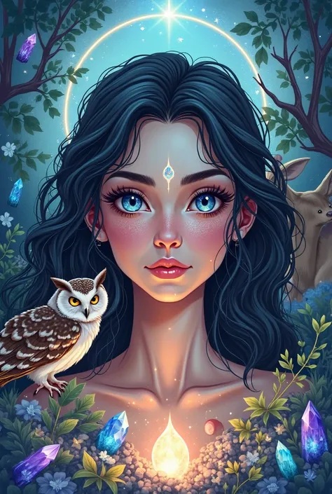 Crystal therapy logo with woman with blue eyes freckles and black hair with owl deer and reiki energy