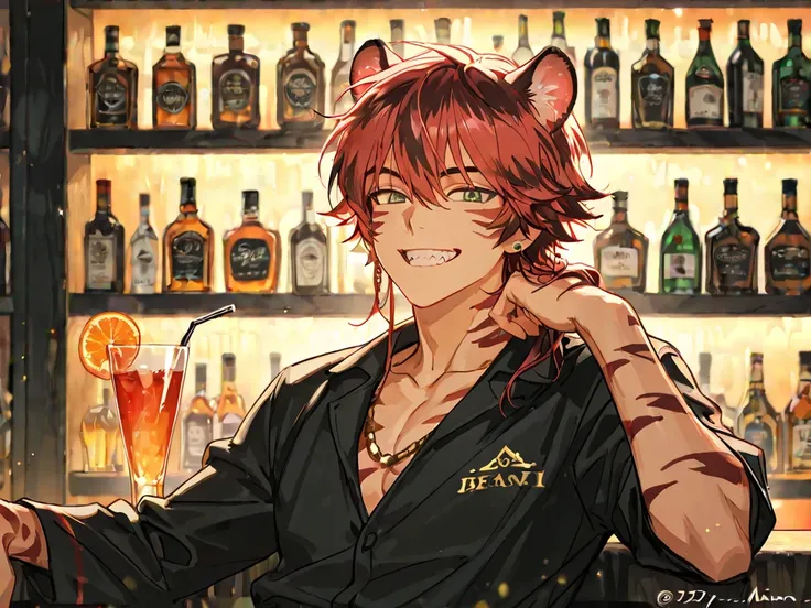 1boy, Beastman Tiger, 27 years old, tall, athletic Build, member of an Criminal organization. Green eyes, black and red hair in the color of a tiger, stripes on his body, bright, grinning, cheerful. The modern world, Modern simple clothes, jewelry in the h...