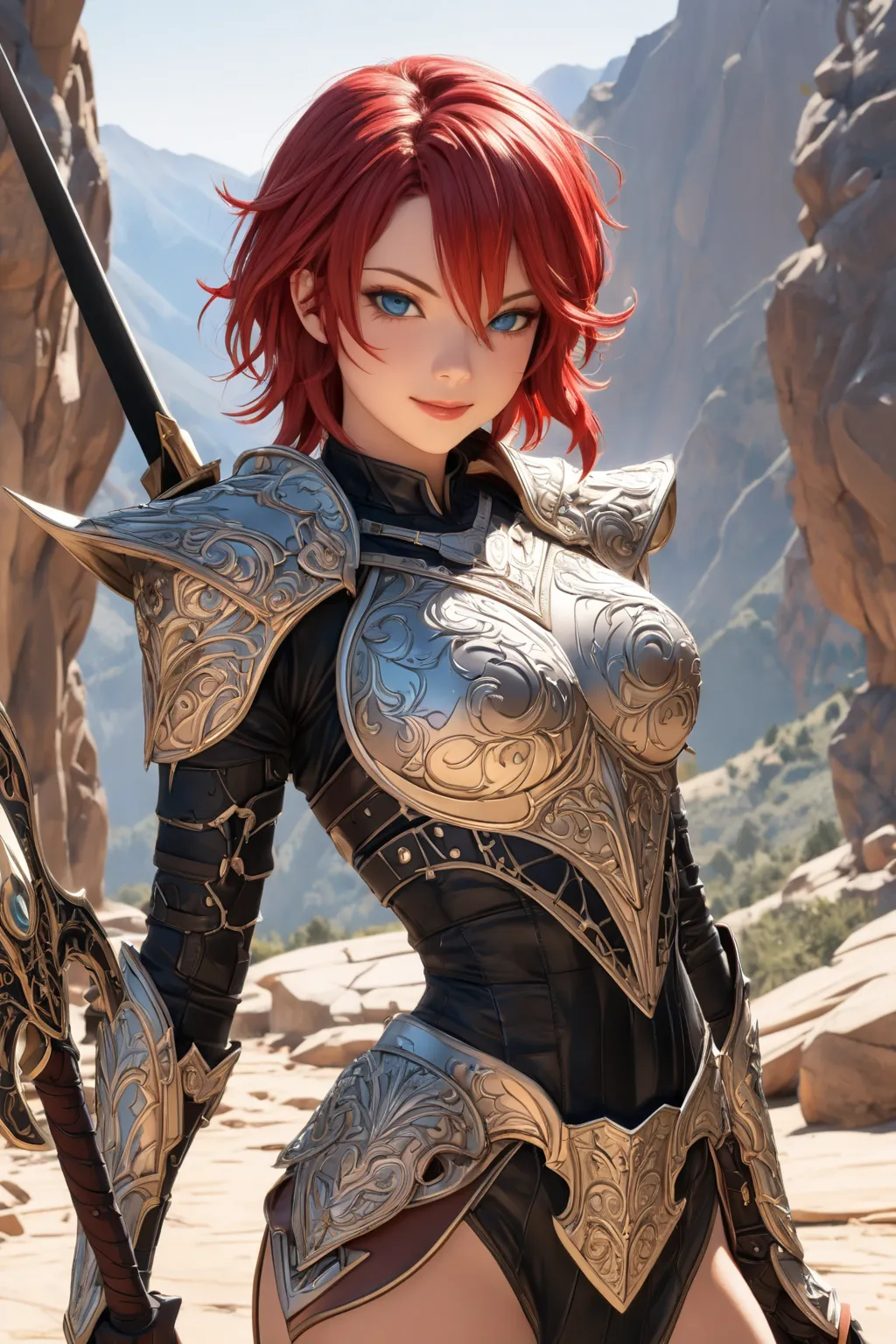 masterpiece, best quality, (masterpiece, best quality, absurdres, uploaded on e621:1.5), SFW BREAK (incredibly sexy female (red hair), (mesmerizing aquamarine eyes), crescent-shaped cheek scar, (athletic1:2, ((full leather armor), form-fitting armor) with ...