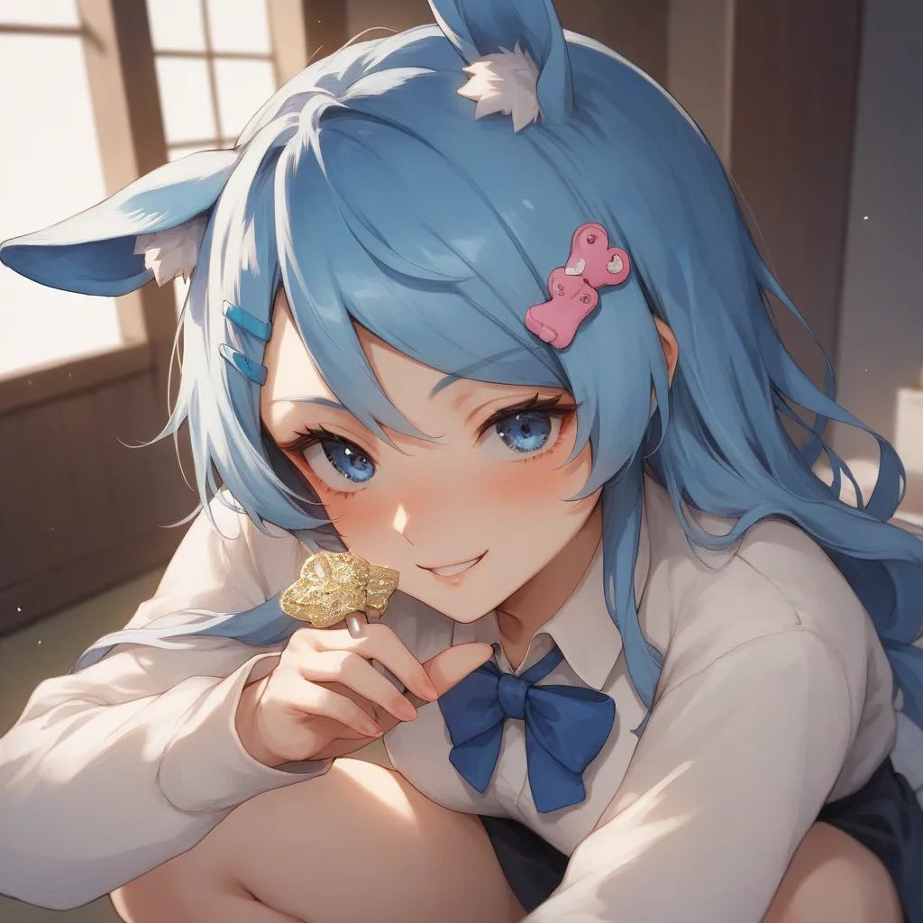 1 girl crouching, long hair, looks at one woman, smiles,  blushes, blue eyes, animal ears, Blue Hair/light blue hair tied at the top,  hairpins, glitter effect, illustration, anime風, anime, 日本のillustrationスタイル, Horse ears,