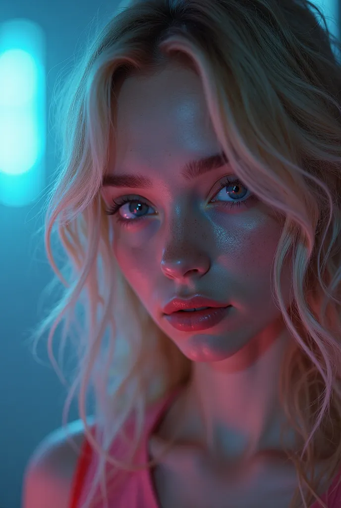 (ultra realistic),Photo, high quality, аналоговая Photoграфия Ahegao , (low lighting), (neon atmosphere) light background ,portrait, 1 girl, Ahegao, blonde,(chölka) , view from above, detailed eyes, (ultra detailed) 