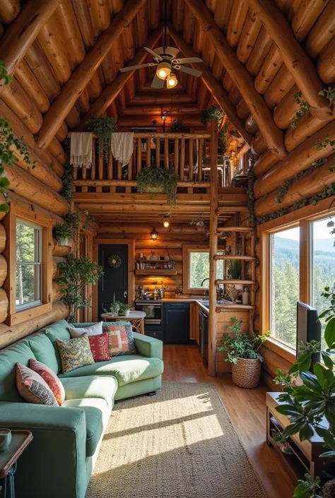 Loft log cabin with light green sofa, television, a bed, kitchen, pretty hippie stairs and decor