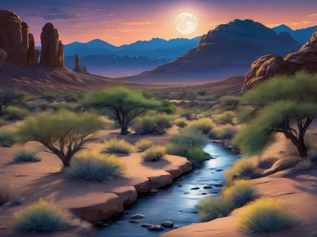 Illustrate a tranquil scene in the Arizona desert at night, showcasing the silhouette of distant mountains under a bright moon. Include desert flora, a winding stream, and a small waterfall, with a natural arch framing the scene, inviting viewers into this...