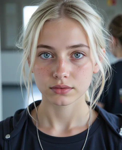 {sixteen-year-old girl, (sitting:0.5), From Ireland, (chubby:0.68), (sky blue eyes),  messy , (white hair ), ponytail, candid pose, Head tilt downwards. Very cute little stub nose that points strongly upwards,  pale white skin , (realistic hair structure )...