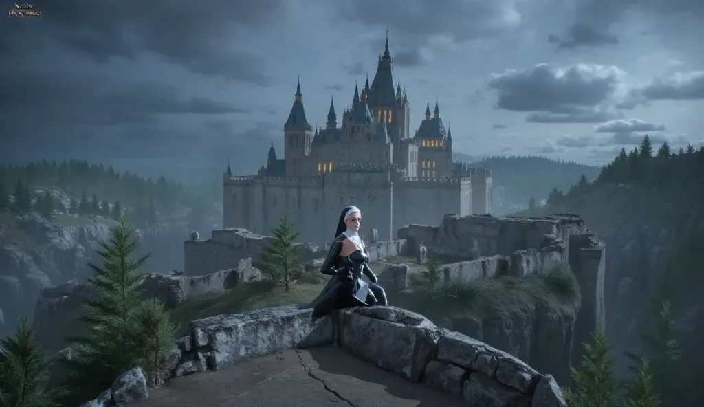 A woman is crouching on the roof of a castle