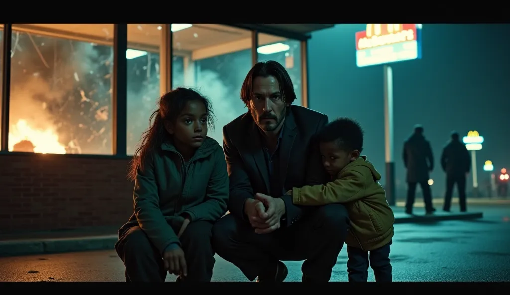 Prompt 1:
A dimly lit McDonald’s restaurant at night, with shattered windows and smoke rising from a burning car outside. Inside, Keanu Reeves crouches down beside two small Black twins, a boy and a girl, who look scared but determined. The  clutches his j...