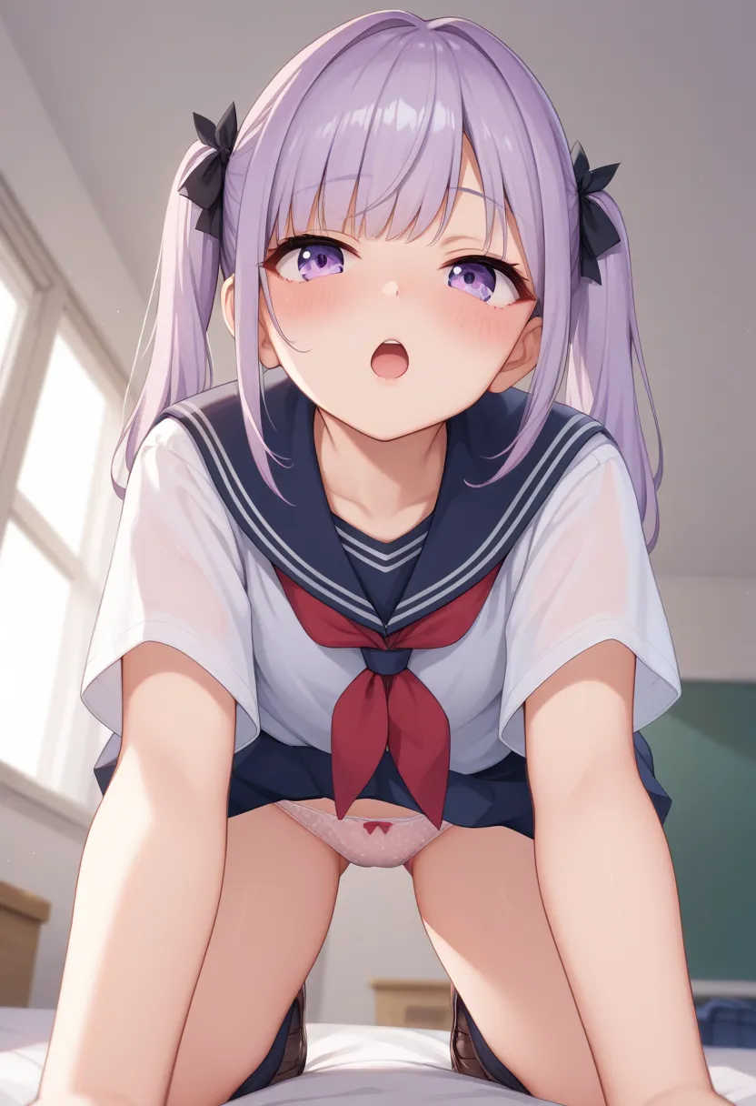 girl,light purple hair,twintail,purple eye,school uniform,see-through panties,on all fours,Looking up from below,blush,open mouth,seeing from viewer