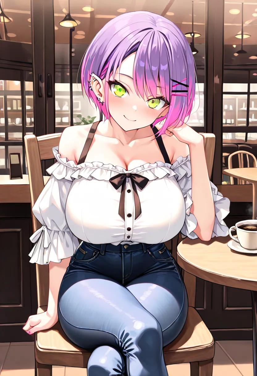 (highest quality , 8k , masterpiece , incredibly absurdres , perfect body , super detailed skin , highly detailed eyes and face , 1 woman ) , tokoyami towa , purple Hair , Green eyes , smile ,  will be happy , ( Off Shoulder , Ruffled sleeve top , inner we...