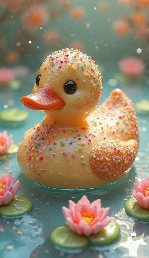 
*"An ultra-detailed 8K image of a duck shaped like a donut, with sprinkles as feathers, a jelly filling as the beak, and a glazed body, floating in a pond with candy-themed lily pads."*