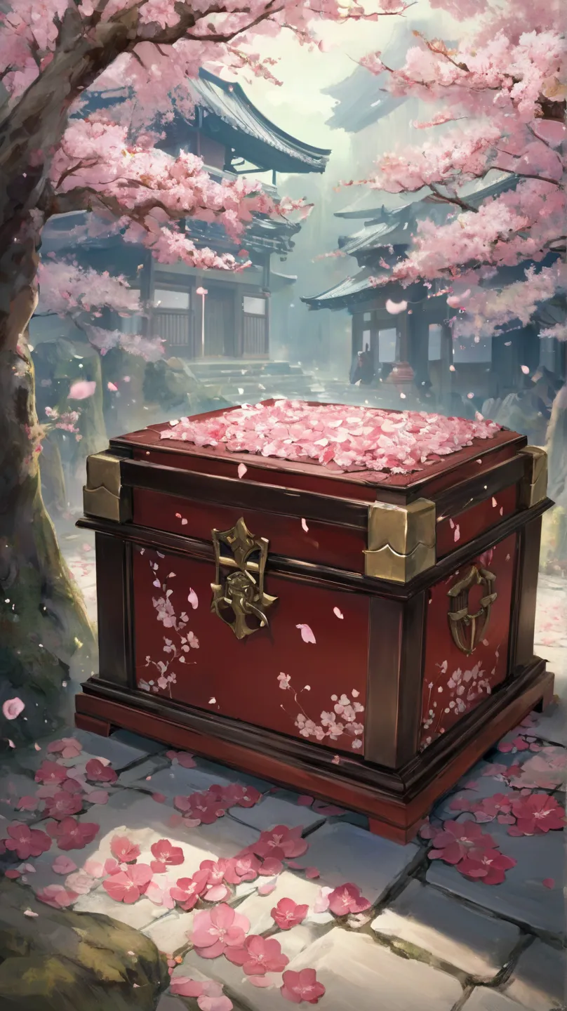 "A delicate yet ominous Japanese yokai named Sakuraba-no-Tsudzura, the cherry blossom casket. It appears as an old lacquered box, adorned with faded cherry blossom motifs, often found tucked away in forgotten corners of storerooms or buried beneath ancient...