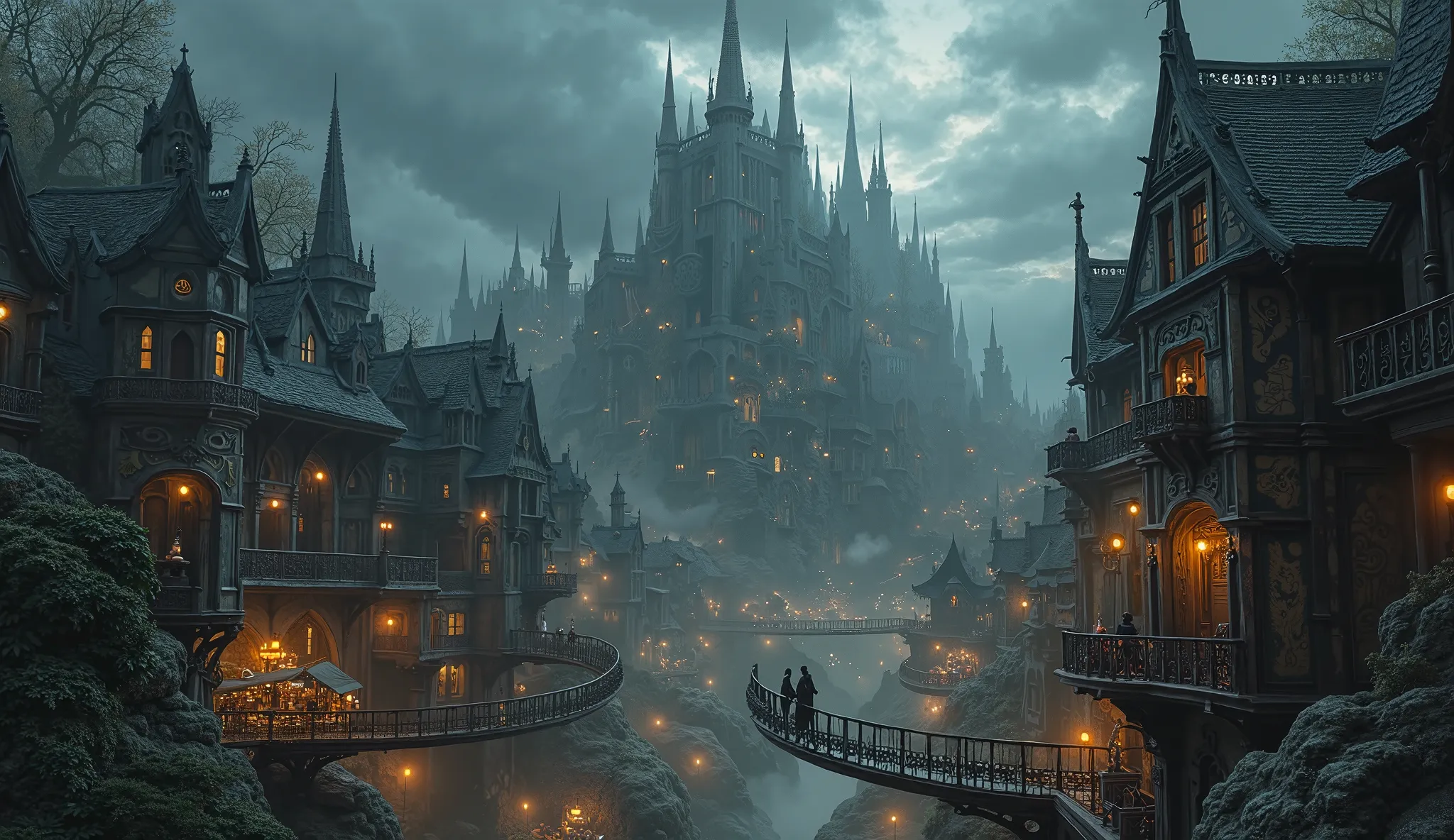 From an elevated vantage point, the dark fantasy city sprawls like a living organism, its intricate layout a testament to both beauty and dread. The streets twist and turn in a chaotic pattern, lined with towering buildings of dark stone and aged timber, t...