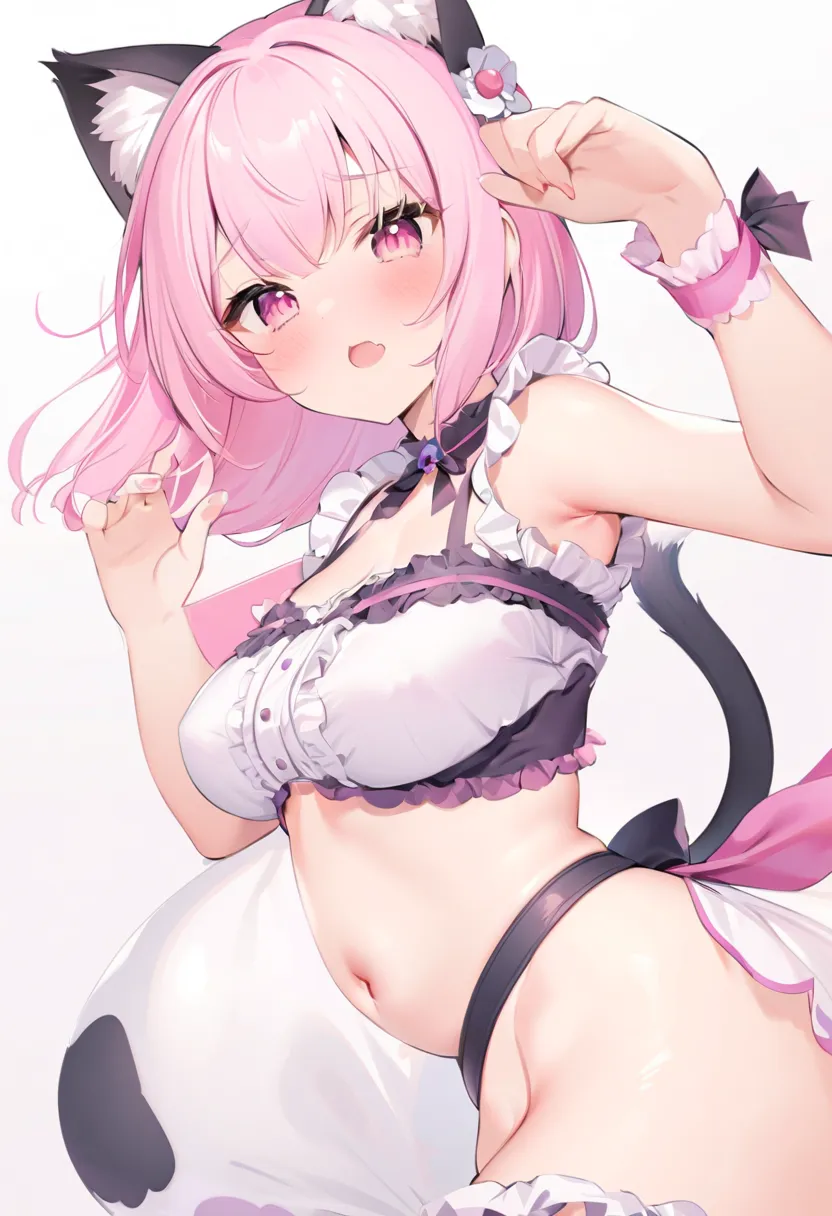 girl,cat ear,cat tail,cat pose,frill,Chest Valley、belly button sticking