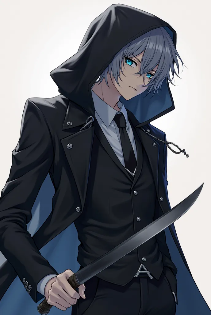 anime boy in a black suit with a hood and a knife, anime boy, as an anime character, young anime man, jk uniform, anime character, male anime character, tall anime guy with blue eyes, anime handsome man, style anime, male anime style, he has dark grey hair...