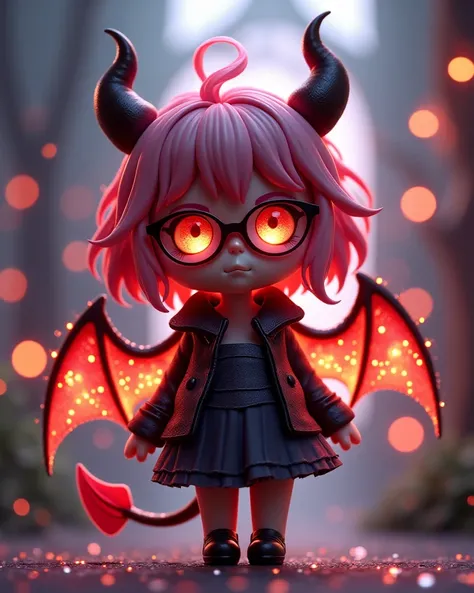 3D Images。god々like。Her hair color is dark pink and her hairstyle is short cut、Glasses、chubby cute  girl。Devil style。 bat wings 。 glitter
