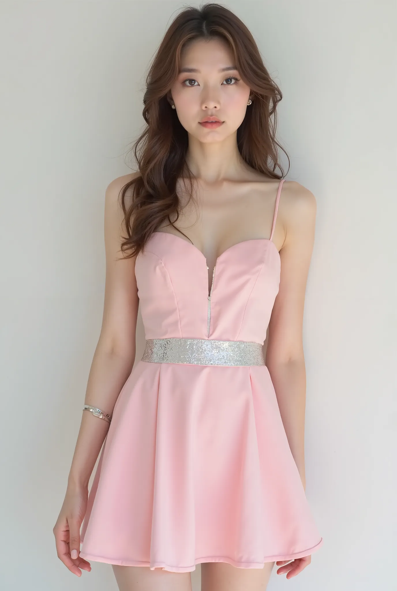 Beautiful, half-Korean, German, white, big eyed girl wearing a miniskirt dress with a bust and waist, a pink dress with a silver cut, made an invitation to come to work. Ask for the background in white to remove the white cut.