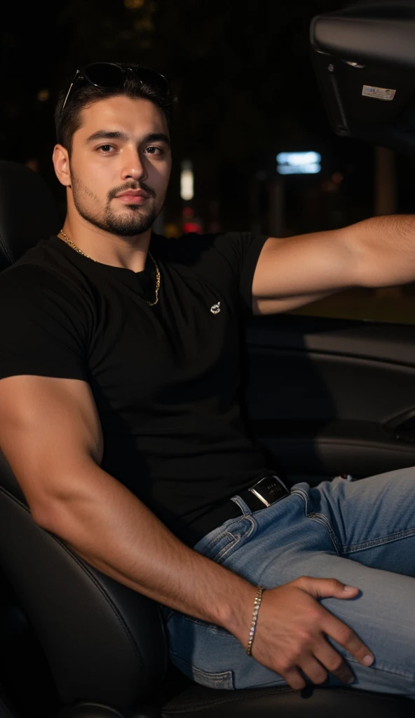 a handsome young turkish guy with muscle, dark very short hair fade middle parting and goatee beard  he wearing a black tshirt and a very light loose jeans and a thin gold chain he sits in a car Amateur photo random picture and location is germany he has v...