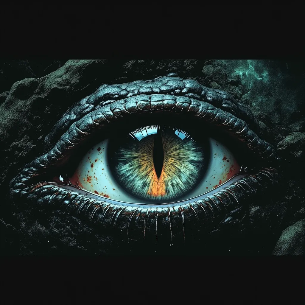 Aggressive Naga eye with vertical pupil in the style of Lovecraftian Novel cover with no human