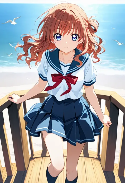 "A stunning 20-year-old anime girl with a delicate yet confident expression, wearing a perfectly tailored Japanese sailor school uniform with a crisp white blouse, navy blue pleated skirt, and a neatly tied red ribbon. Her long, wavy hair sways gently in t...