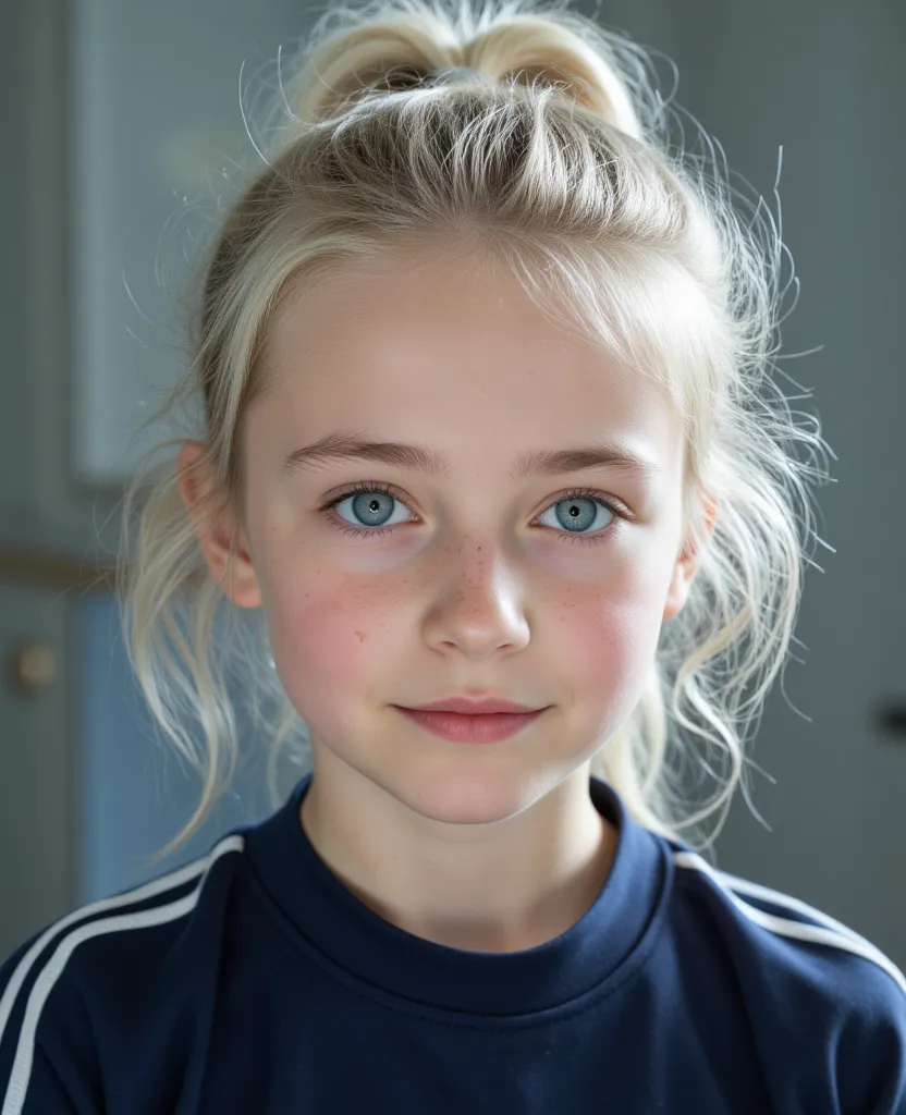 (closeup-face:0.5), sixteen-year-old girl, (sitting:0.5), From Ireland, (chubby:0.68), (sky blue eyes),  messy , (white gray hair), ponytail, candid pose, Head tilt downwards. Very cute little stub nose that points strongly upwards,  pale white skin , (rea...