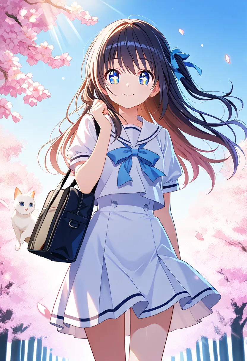 "A beautiful 20-year-old anime girl with bright, sparkling eyes and a cheerful smile, dressed in a traditional Japanese sailor school uniform with a sky-blue ribbon. Her soft, shoulder-length hair is playfully tousled by the wind. She holds a school bag in...