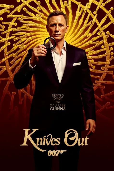 Create a sleek and intriguing poster featuring Detective Benoit Blanc (Daniel Craig) standing in the center, his sharp gaze piercing through the viewer. He holds a magnifying glass in one hand, with a faint reflection of the Thrombey mansion visible in the...