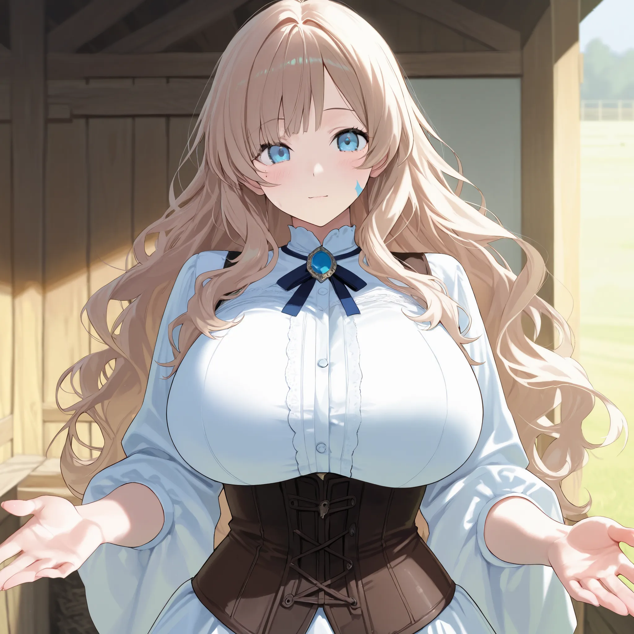 score_9, score_8_above,  1 woman, alone, light brown wavy hair without bangs, ice blue eyes, beautiful eyes, detailed face, perfect anatomy, perfect hands,  big round tits, wide hip, dressed as a peasant,  farm bottom,  light blush on your cheeks ,  huge b...